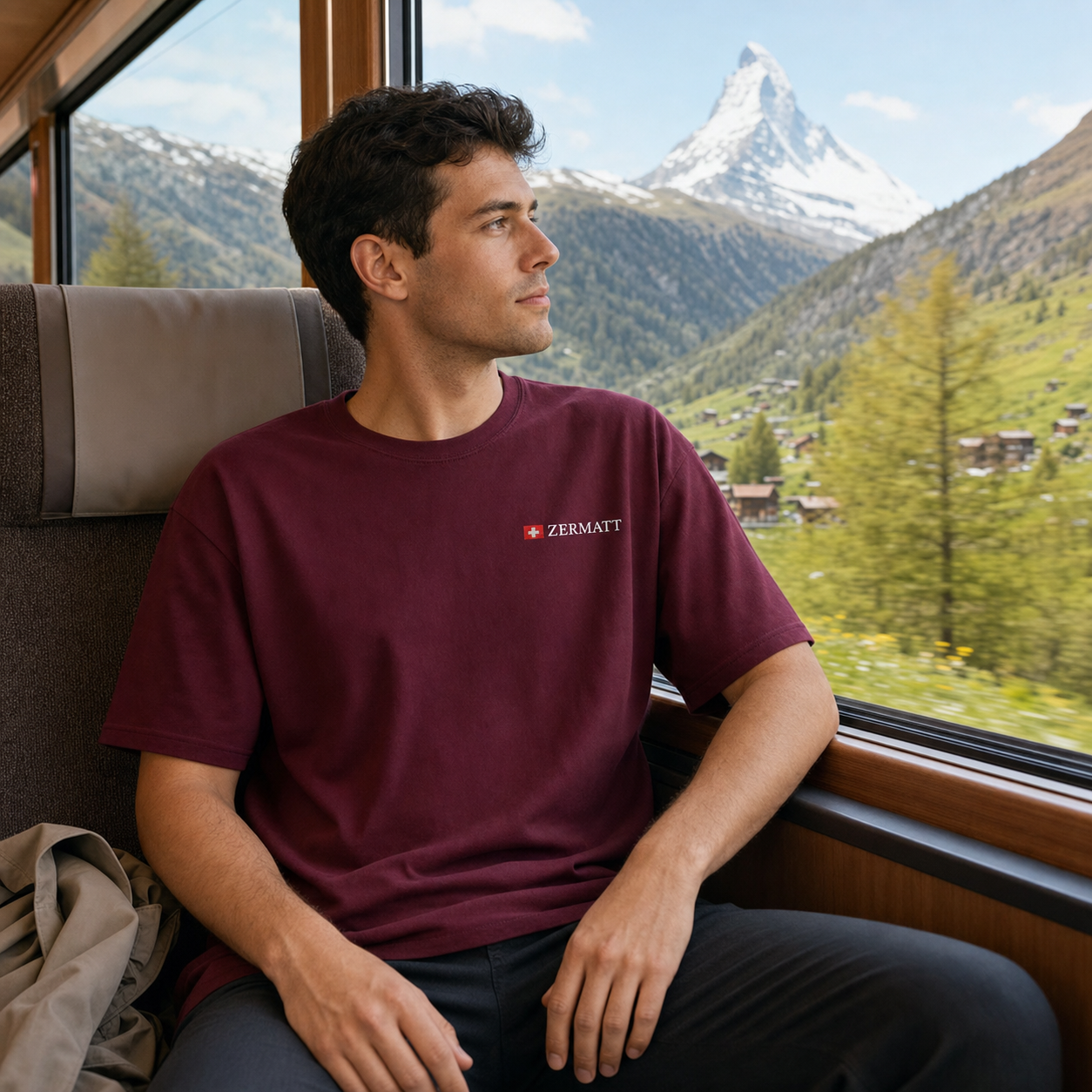 A man sitting on a train by a window wearing a burgundy t-shirt with a small Zermatt logo on the chest, with a scenic mountain landscape visible outside.
